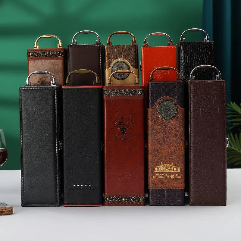 Classic PU Leather Single Red Wine Holder Luxury Ring Paper Cutter Seahorse Knife Pourer Wooden Packing Box Gift