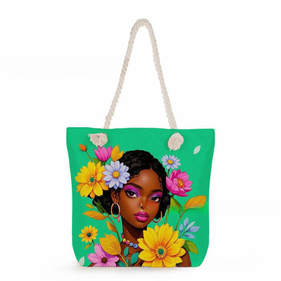 Multifunctional Fashion Black Girl Printed Thick Rope Shoulder Beach Bag Casual Large Capacity Handbag 0123 CLE
