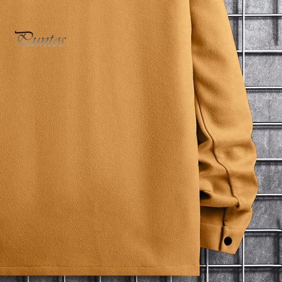 Simple Lapel Male Coat Men Autumn Winter Solid Color Shirt Long Sleeve Flap Relaxed Fit Jacket Pockets Single Breasted Loose Casual Tops Retro Texture