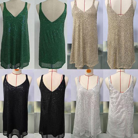 Women's Sparkly Sequin Mini Dress Sleeveless V Neck Glitter Cocktail Party Dress Sexy Going Out Outfits