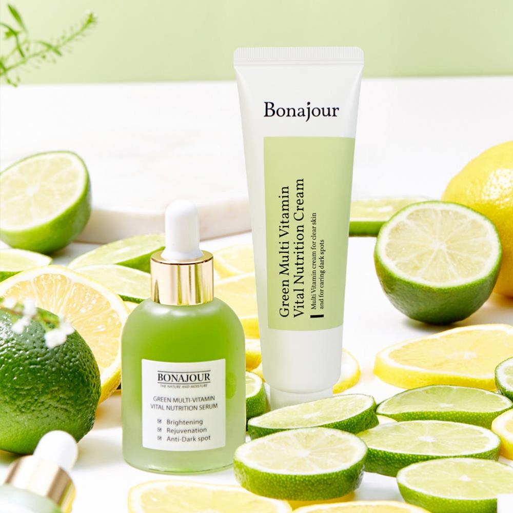 Bonajour Vegan Green Multi Vitamin Vital Nutrition Serum 35ml + Cream 50ml Set Brightening Dark Spot Care K-Beauty