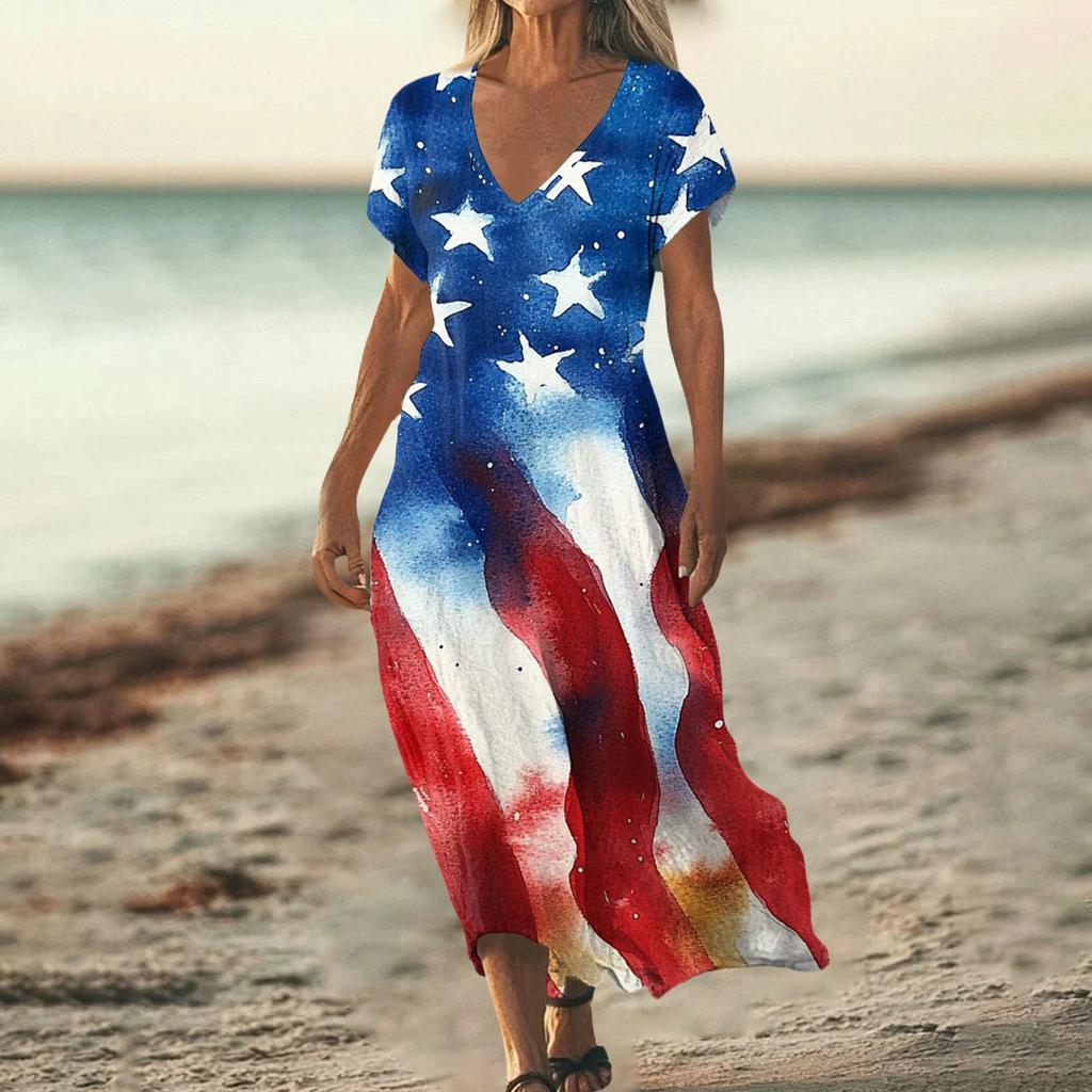 Sommerkleid Damen Lang Strandkleid Elegantes Kleid V-Ausschnitt Kurzarm Sommerkleid Leicht Luftig