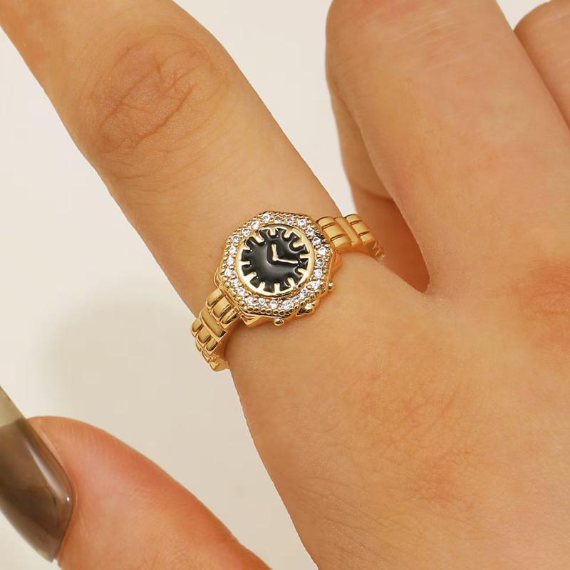 

Punk Watch Pointer Open Ring Bracelet Sets for Women Luxury Drip Oil Clock Finger Rings Personality Gothic Charms Zircon Gift
