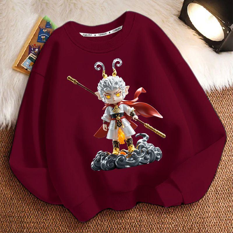 Cute Black Mythological Wukong Round-neck Hoodie for Children, Fashionable Long-sleeved Hoodie for Boys and Girls In Spring and Autumn