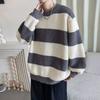 Sweater men's autumn and winter warm loose primer thread jacket American casual contrasting color trendy brand striped crew neck knitted sweater