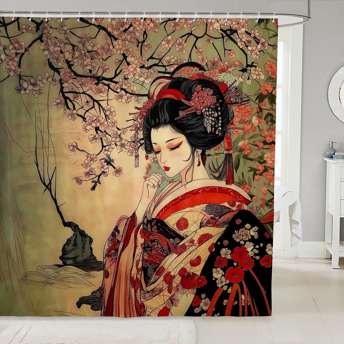 

Cherry Blossom Waterproof Bathroom Curtains Natural Floral Japanese Style Shower Curtain,Garden Sakura Flowers Butterfly Bath W60H190(CM)-1 Pcs
