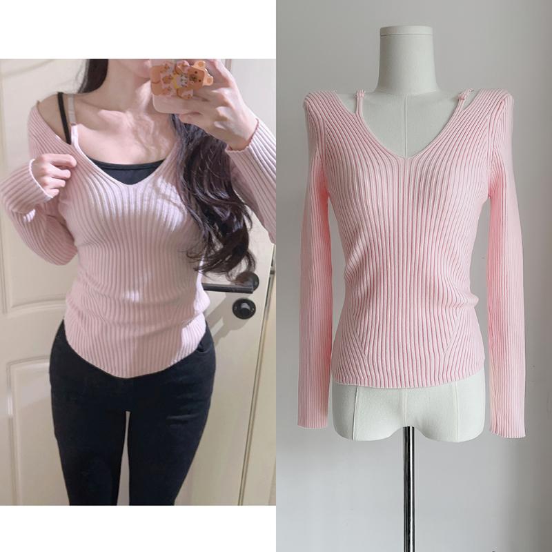 Herbst Slim Fit Rosa Gestrickter Pullover Damenbekleidung Langarm V-Ausschnitt Basic Damenpullover Tops Elegant Uni Lässig Winter Strickware 25350