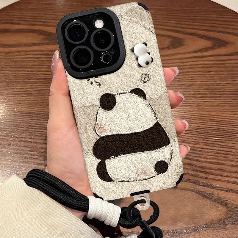 Panda Doll Bracelet Suitable for Apple 16PRO Mobile Phone Case 15 Pupil Eye Sheepskin 14 Cute Anti-fall 13 Silicone XR