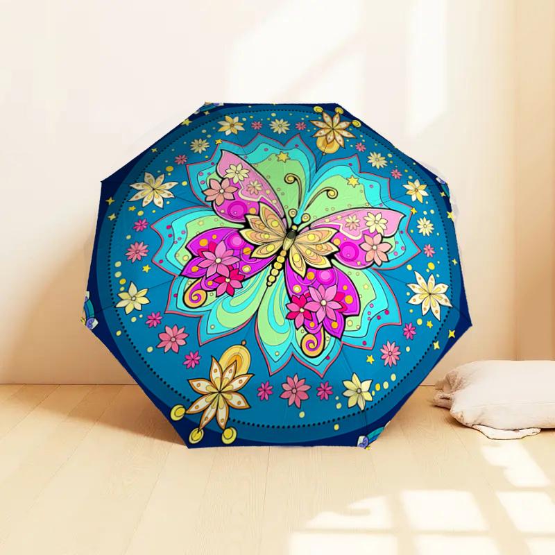Colorful Butterfly Mandala Automatic Opening Folding Umbrella - Portable 3-Fold Design with Iron Frame -, Travelers, Daily Use - Perfect Gif