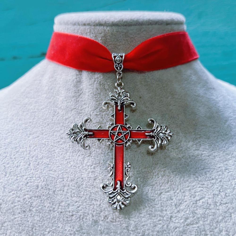 Temperament Gothic Red Drop Glaze Cross Pendant Black Velvet Necklace for Women Halloween Party Choker Jewelry Accessories Gifts