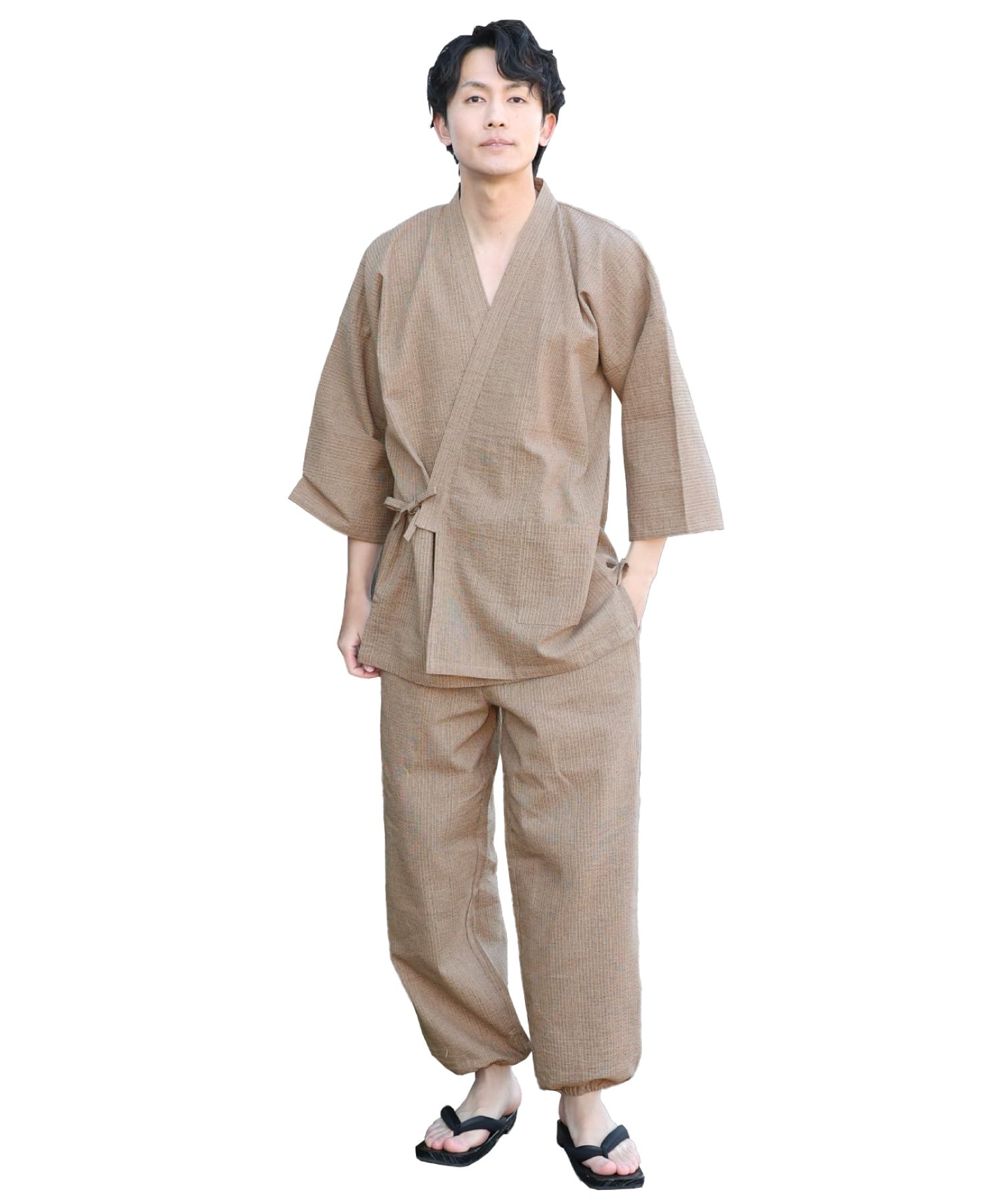 Jp Lifestyle Men's Gray/Brown Samue Cotton Summer Plus Seersucker Stylish Loungewear Set [On Nishiki] (Japanese Workwear) 100% (M/L/Ll/3L) Sizes, Weave, Cool, (