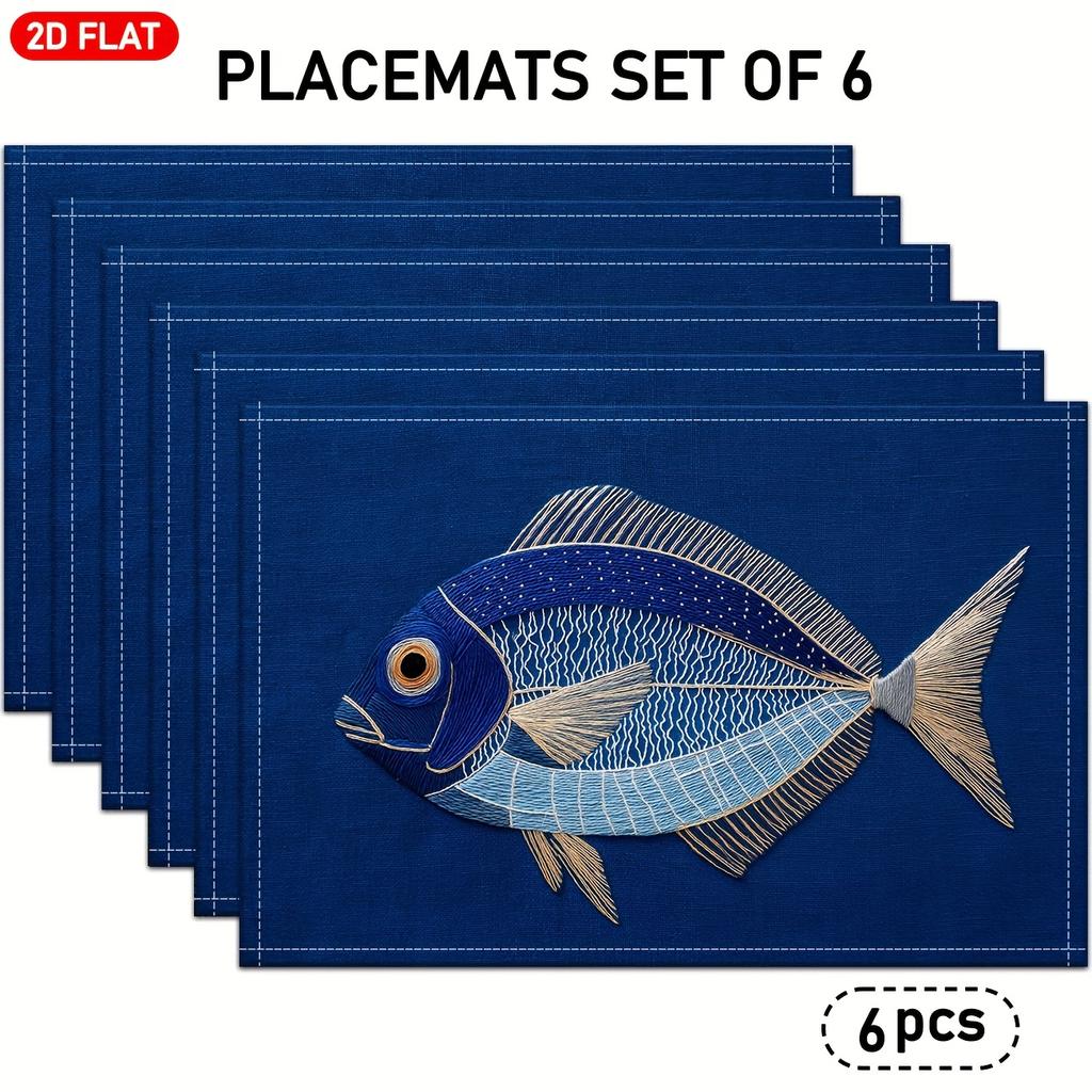 4/6, 2D Flat Fish Pattern Embroidery Pattern Style Placemat, Blue Linen Table Mat, Modern Art, Suitable for Kitchen Dining Table Decoration, Holiday D