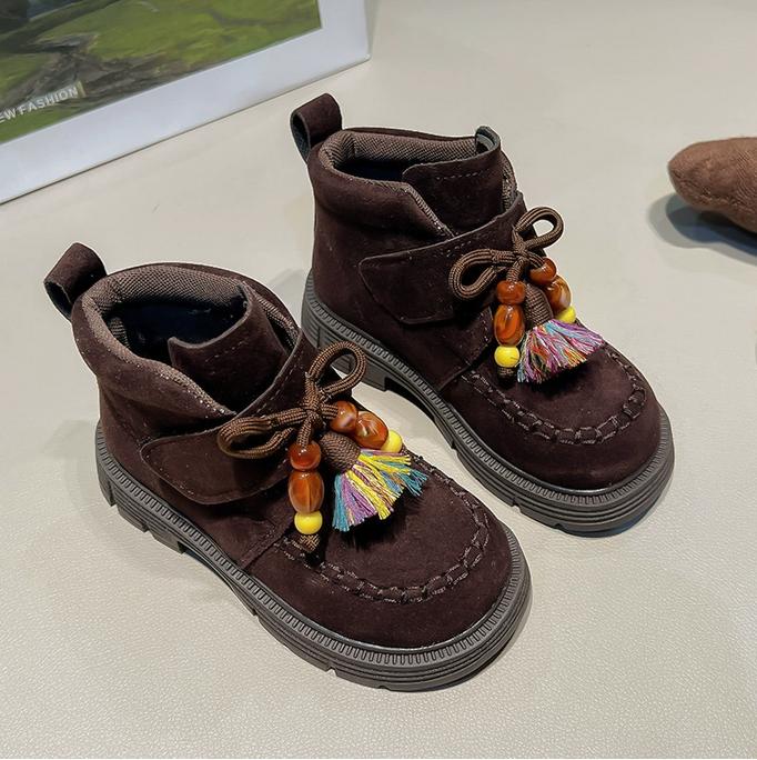 Colorful Tassel Girl's Short Boots  Semester Student Platform Boots  Hanging Beads National Style Children Boots