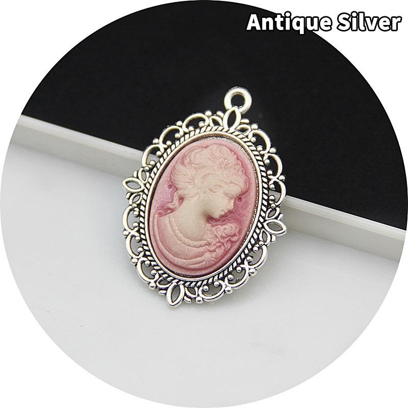 Antique Silver Oval Zinc Alloy Pendant With An Inlaid 18*25Mm Beauty Head Design, Hair Accessory Necklace, Diy Jewelry Accessory