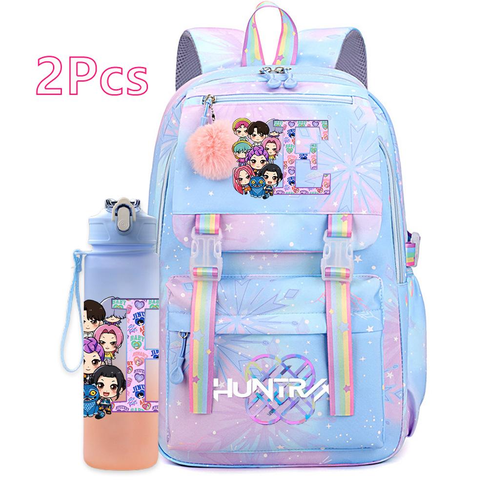 2Pcs/set K-pop Printed Backpack with 750Ml Water Bottler Large Capacity Travel Bag for Teenager Girl Boy Bookbag Kid Gift Large Capacity Bag Mochila