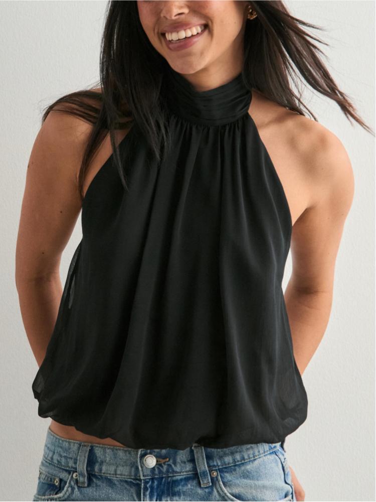 2026 Euro-American Style Halterneck Chiffon Top - Slim, Sexy, Backless, Solid Color for Vacation