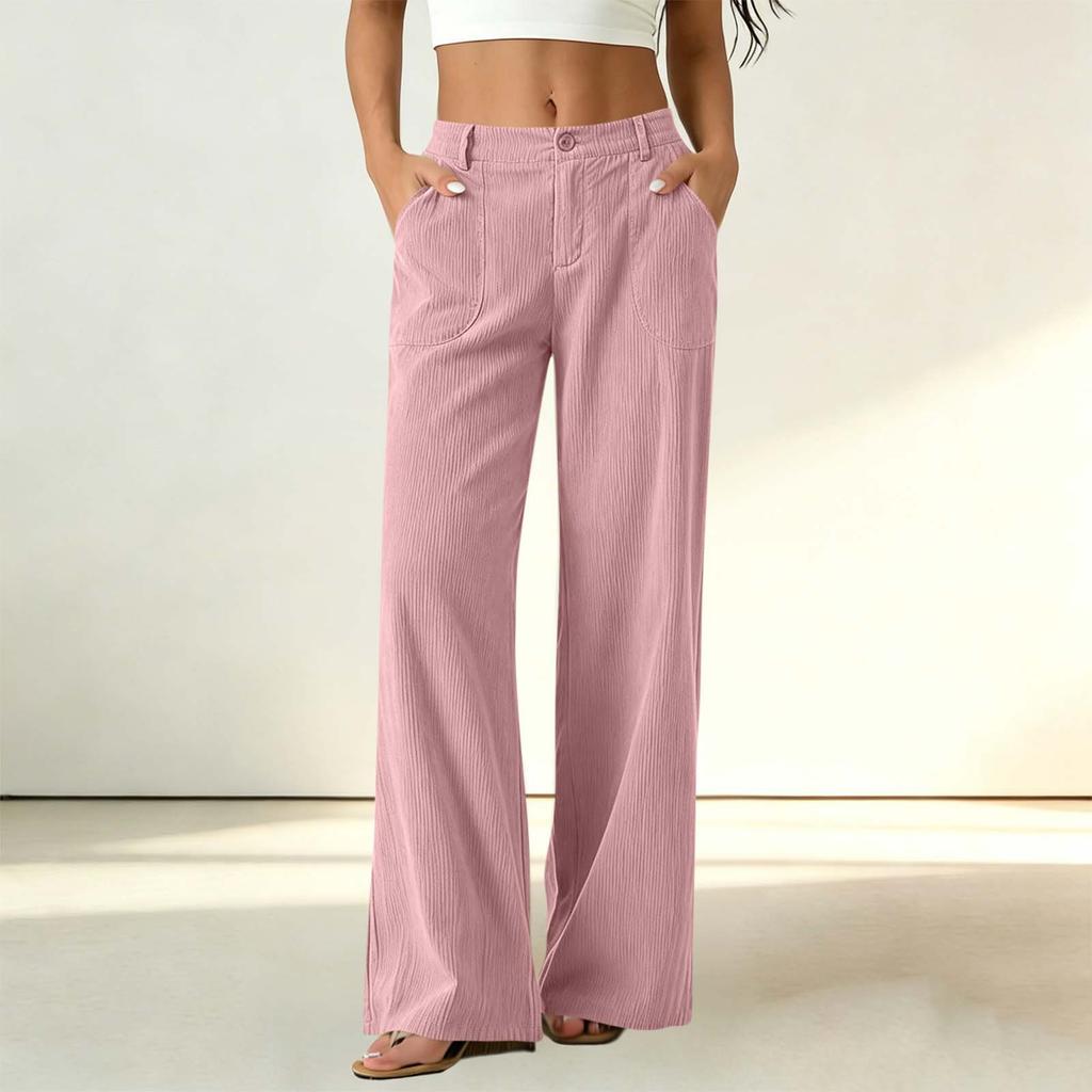 Women's Corduroy Dress Pants with Elastic Waist and Single Button Closure, Color Work Trousers