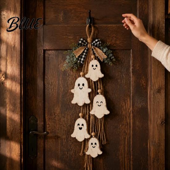 Seasonal Indoor Hanging Ornament Halloween Rustic Ghost Wall Decor with Wood Beads & Hemp Rope Farmhouse Tiered Layered Display Pendant for