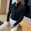 Men Spring Fall Shirt Frence Style Turn-down Collar Slim Fit Waffle Texture Single-breasted Long Sleeves Pure Color Mid Length Young Formal Top