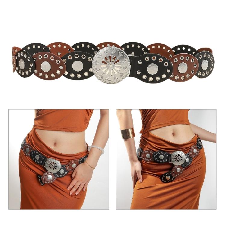 Fashion Bohemian Oval Disc Belt for Adult Western Waistband Ethnic PU Leather Hollowed Buckle Waiststrap for Dresses