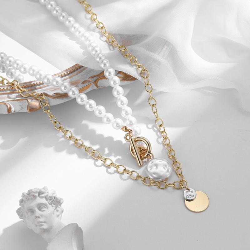 New Korean Version Fashion Temperament Elegant Angel Wings Pearl Double-layer Necklace Hip-hop Sweet Cool Wind Round Brand Collarbone Chain