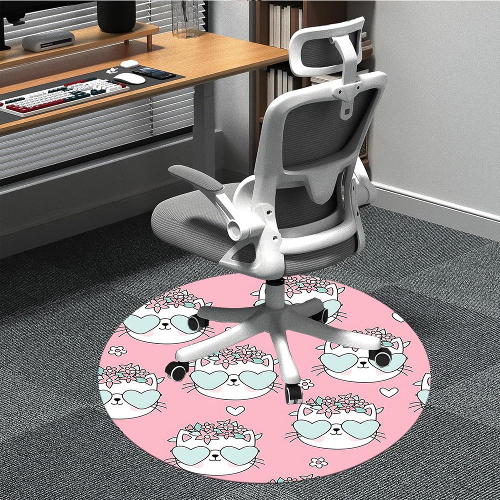 1PC Cat Floral Office Round Area Rug, Mat Suitable For Office, Under Office Chairs Bedroom Living Room Home Decor, Room Deco