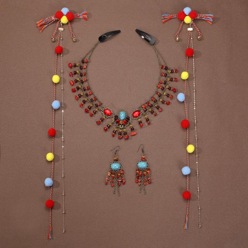 Böhmisches Retro Halsketten- & Ohrring-Set: Ethnischer Stirnschmuck im tibetischen Stil