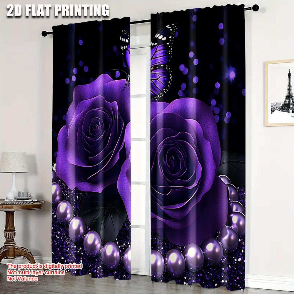 

Set Of 2 Flat Printing Curtain Purple Roses Butterfly Pearl Art Protecting Privacy Birthday Party Suitable Holiday Parties Curtains Made Polyester W100*H70(CM)-Rod Pocket&2PCS