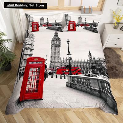 London Telephone Booth King Queen Duvet Cover The Big Ben Bedding Set Retro United Kingdom Quilt Cover Red Grey Comforter Cover