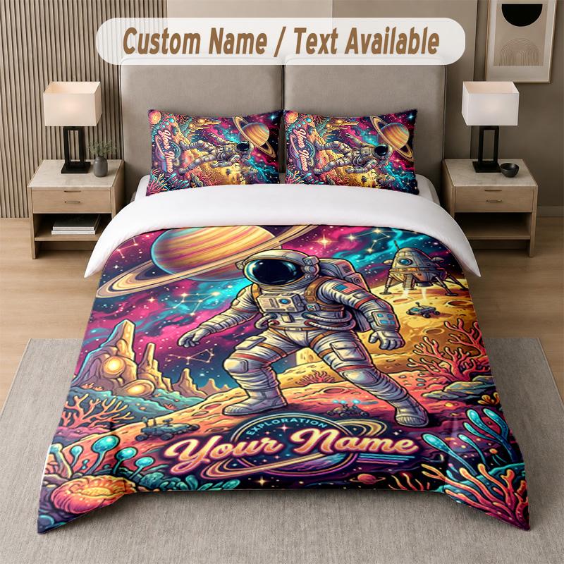 Space Cosmic Theme Custom Text Or Name 3Pcs Bedding Set 1 Flat Sheet & 2 Pillowcases Personalized Home Bedding