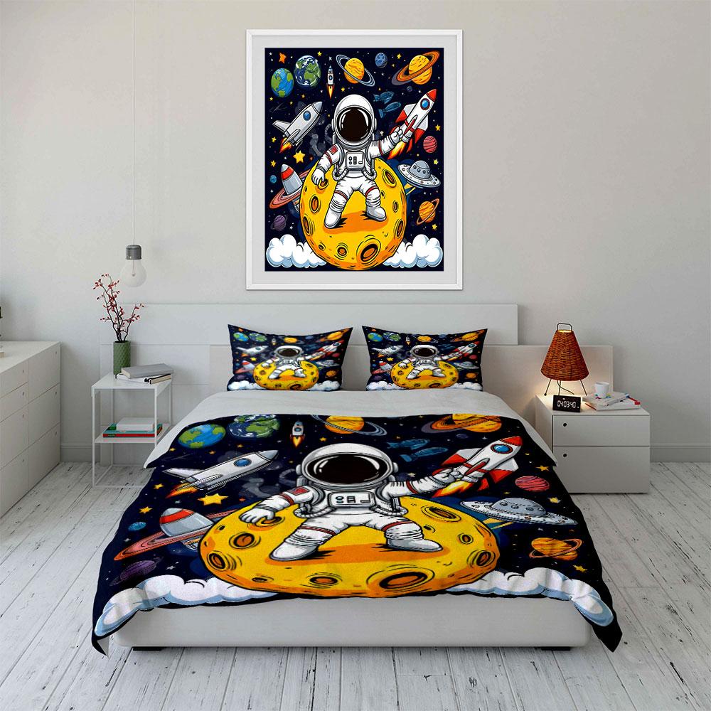 Astronaut Explores Galactic Planets Bedding Set for Kids Luxury Gift 3pcs Digital Print Comforter Set Soft Comfortable