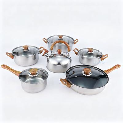 Conjunto de Panelas com Tampas Alças com Acabamento de Madeira Panelas de Sopa de Aço Inoxidável Chaleira de Fogão Frigideira Caçarola para Fogão de Indução Fogão a Gás