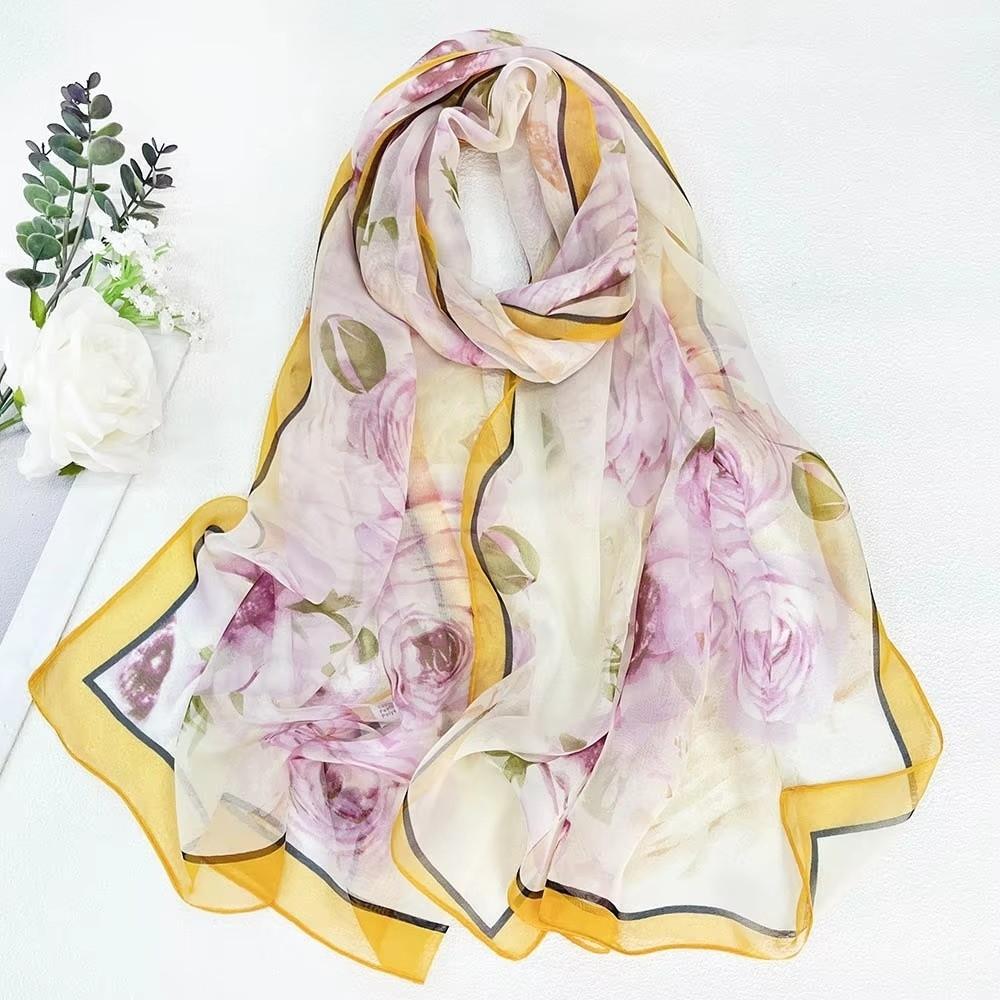 Thin Soft Long Chiffon Scarf Flower Print Beach Scarves Sun Protection Scarf for Casual Wear