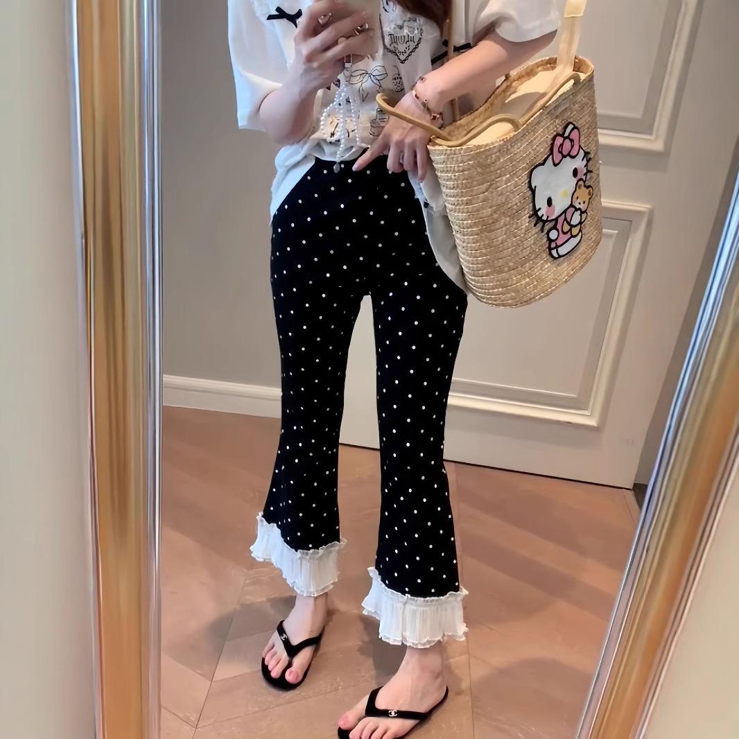 

Брюки для беременных в горошек с кружевной отделкой, утягивающие, эластичные – весенне-летние, длиной до щиколотки L чёрный