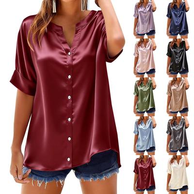 2026 Trendy European & American Satin Short-Sleeve Casual Shirt - Solid Color, Loose Fit, Button-Up Style