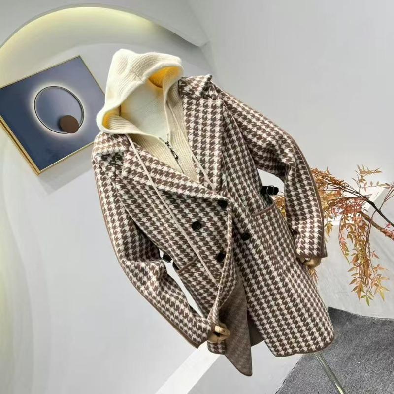 

Qiandao plaid coat women s new lady lazy style loose and thin medium and long casual coat света кофе