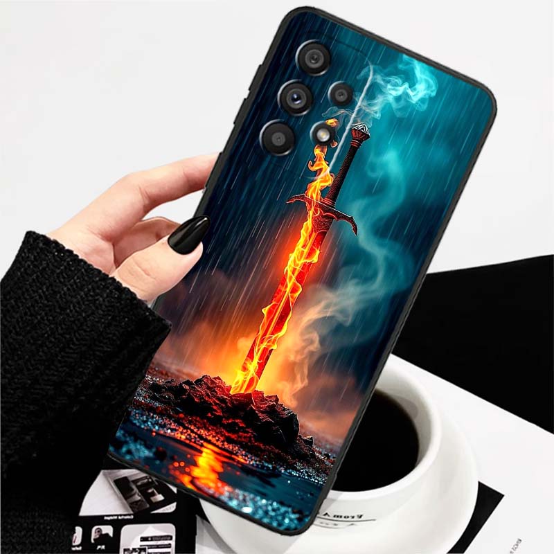 Ancient style swordsman For Samsung A73 A72 A71 A55 A54 A53 A52 A51 A13 A22 A16 A15 A12 A14 A26 A07 5G Black Phone Case