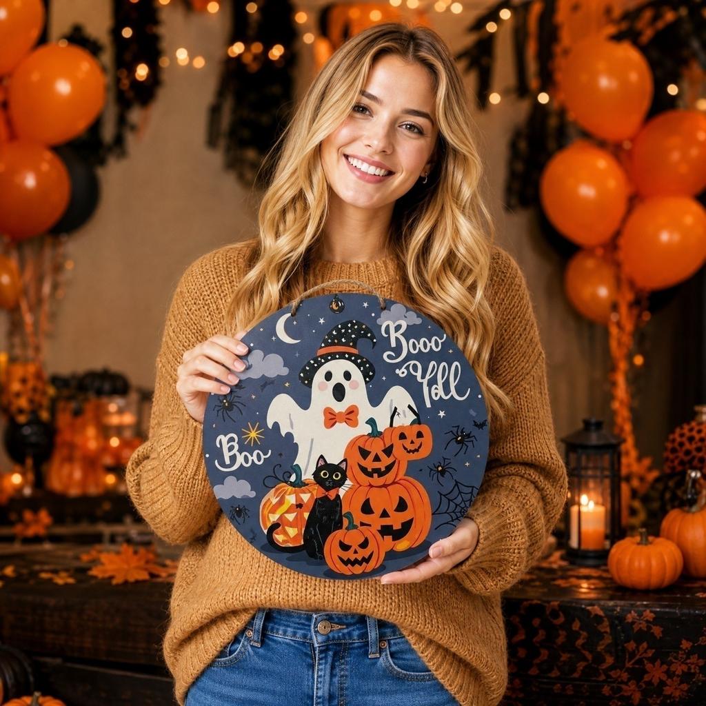 30cm Round Wooden Halloween Theme Door Sign Ghost Pumpkin Cat Party Wall Hanging Decoration for Home Indoor Outdoor Use