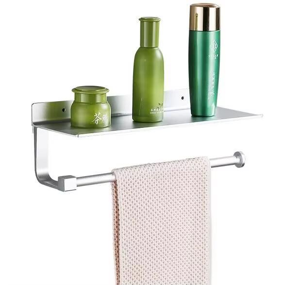Adhesive Paper Towel Holder Wall Mounted for Kitchen  Bathroom Tissue Roll Hanger with Storage Shelf, Space Aluminum