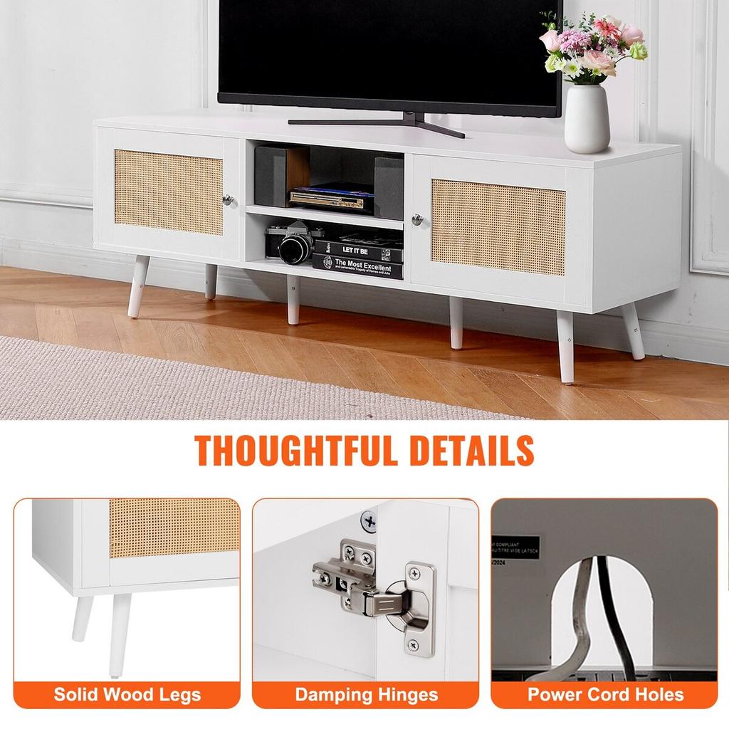 Rattan TV Stand for 65" TV Boho TV Stand with Build-in Socket White