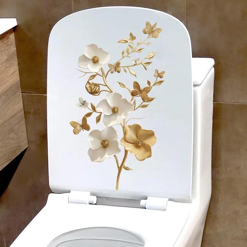 Bathroom Toilet Stickers Modern Minimalist Golden Flowers Pattern Self-adhesive Paintings For Bathroom Living Decorations