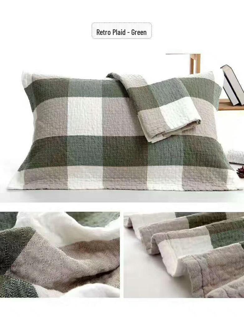 Three-Layer Washed Cotton Plaid Gauze Pillowcase - Soft, Breathable, Sweat-Absorbing Japanese Style