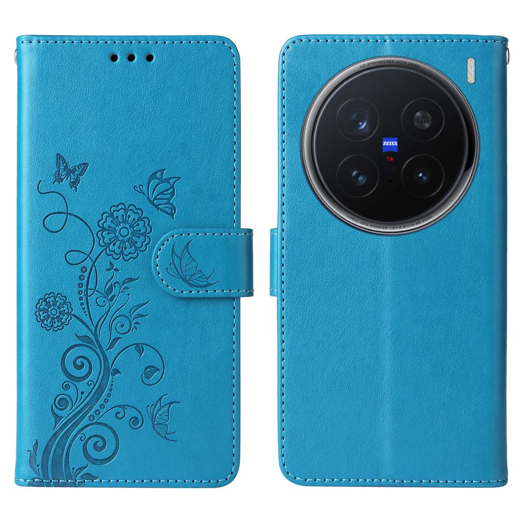 For Vivo X200 Pro 5G Leather Case Butterfly Floral Imprint Wallet Stand Cover