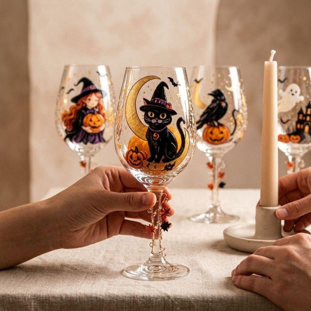Bicchiere da Vino Zucca Strega Dipinto a Mano Grande Capacità Bicchiere da Bevanda di Halloween Bevanda Festiva