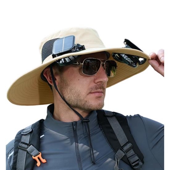 Fisherman Hat, Outdoor Sun Hat with Dual Power Solar USB Rechargeable Fan, Wide Brim Sun Protection Hat for Fishing Camping Hiking Gardening