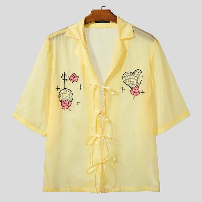 

INCERUN Men Oversized Half Sleeve Transparent Sheer Bandage Print Tops Shirts 4XL жёлтый