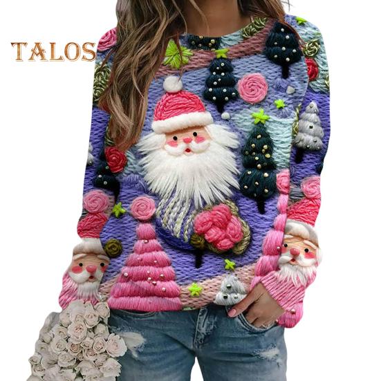Julegenser Dame 3D Juletre Hus Trykk Rund Hals Langermet Topper Lett Ferie Genser Topper