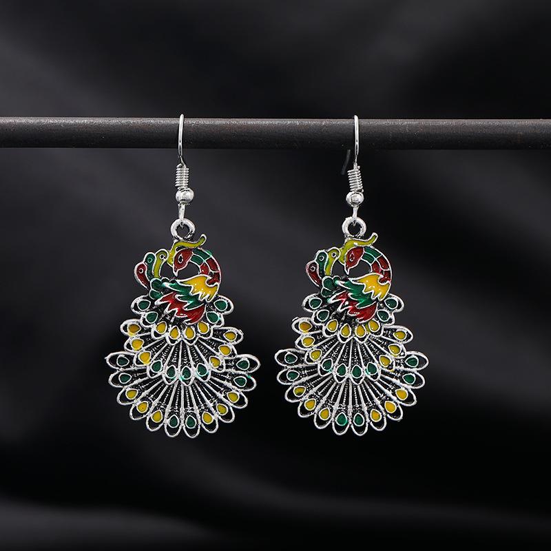 

Ретро эмалевые серьги-павлины с открытым экраном, женские серьги с бахромой, длинные многослойные серьги, темпераментные универсальные серьги из тибетского серебра