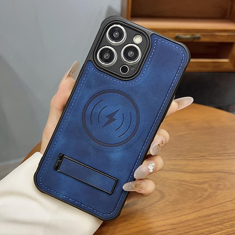 Magsafe Magnetic Wireless Charging Bracket Leather Phone Case For iPhone 15 Pro Max 11 13 12 14 Pro Max Shockproof Back Cover
