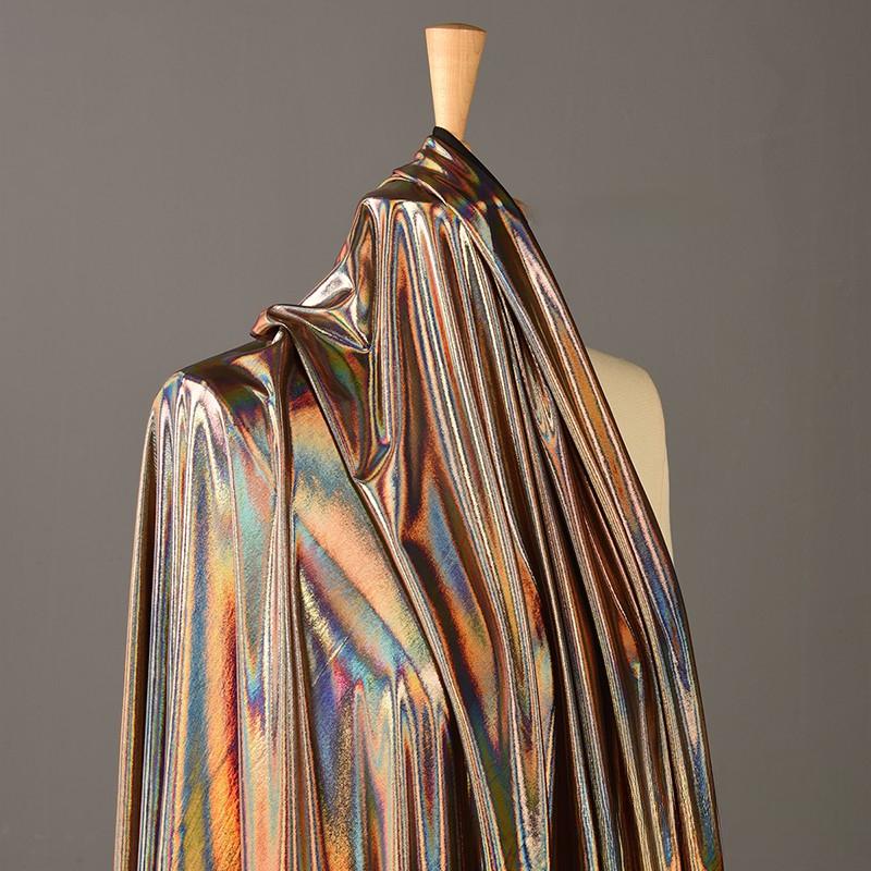 

Laser Symphony Fog Gold Fabric Thin Shiny Bright Stretch Glare Bronzing Dress Performance Dance Costume Background Fabric 100x150cm
